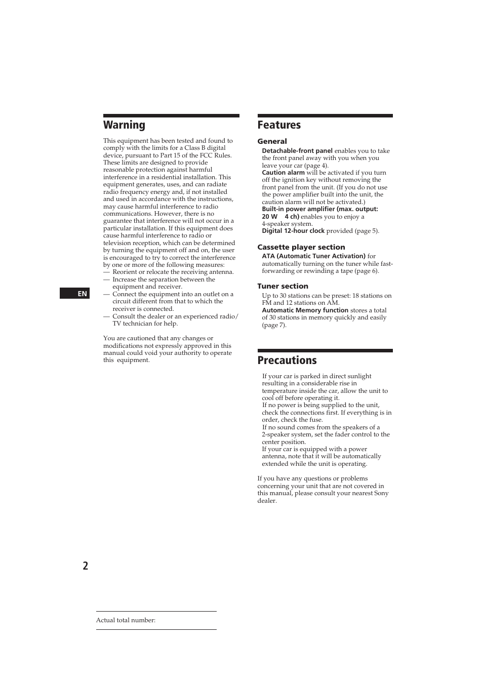 Features, Precautions, Warning | Sony XR-3500MK2 User Manual | Page 2 / 12