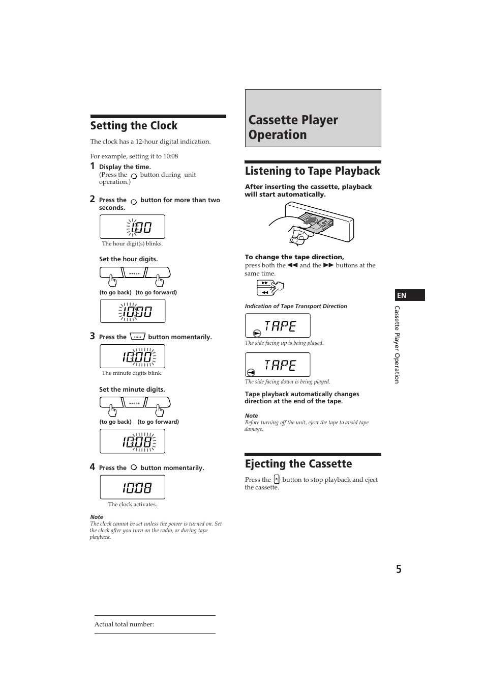 Cassette player operation, Listening to tape playback, Ejecting the cassette | Setting the clock | Sony XR-3500MK2 User Manual | Page 5 / 12