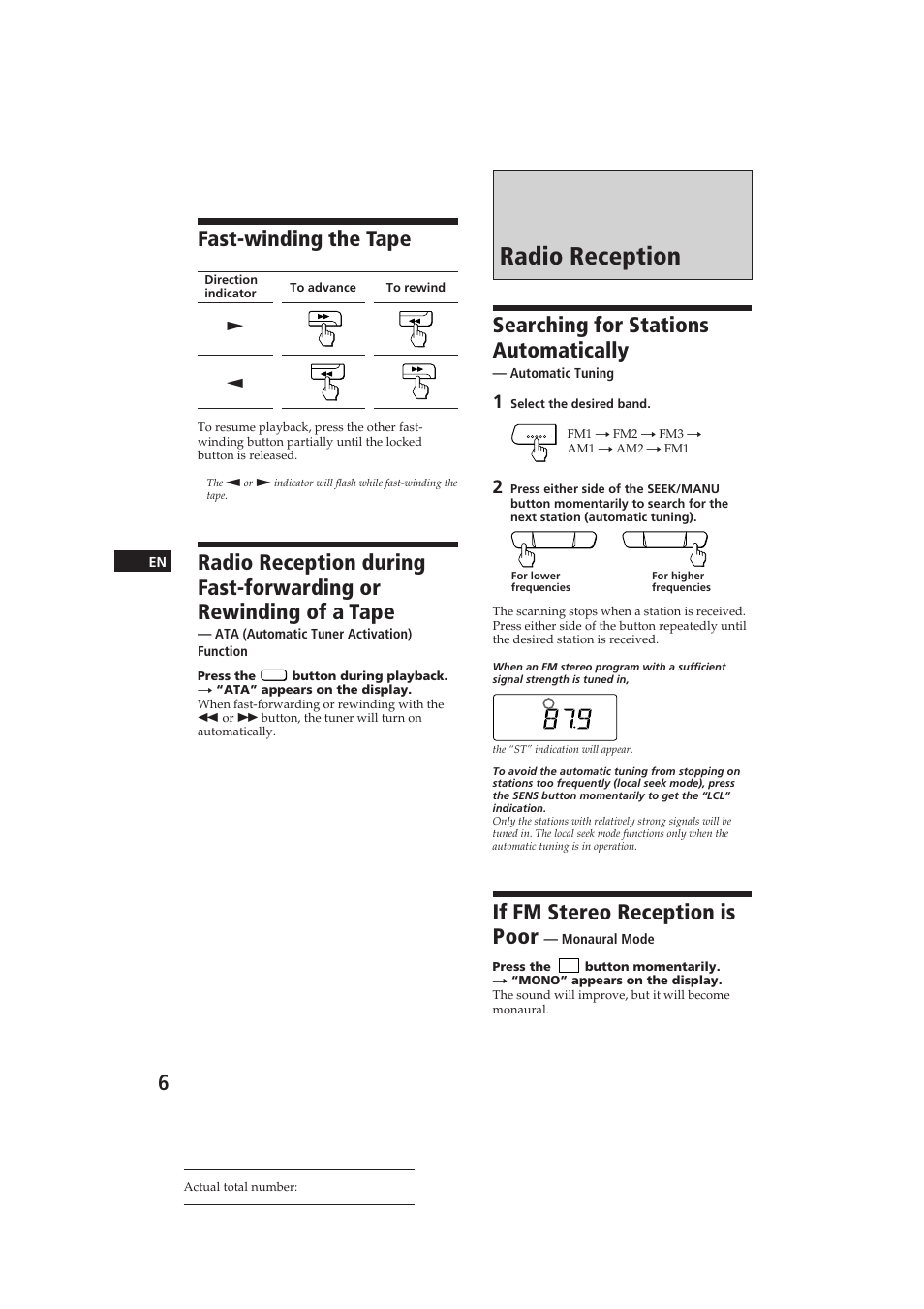 Radio reception, Fast-winding the tape, Searching for stations automatically | If fm stereo reception is poor | Sony XR-3500MK2 User Manual | Page 6 / 12