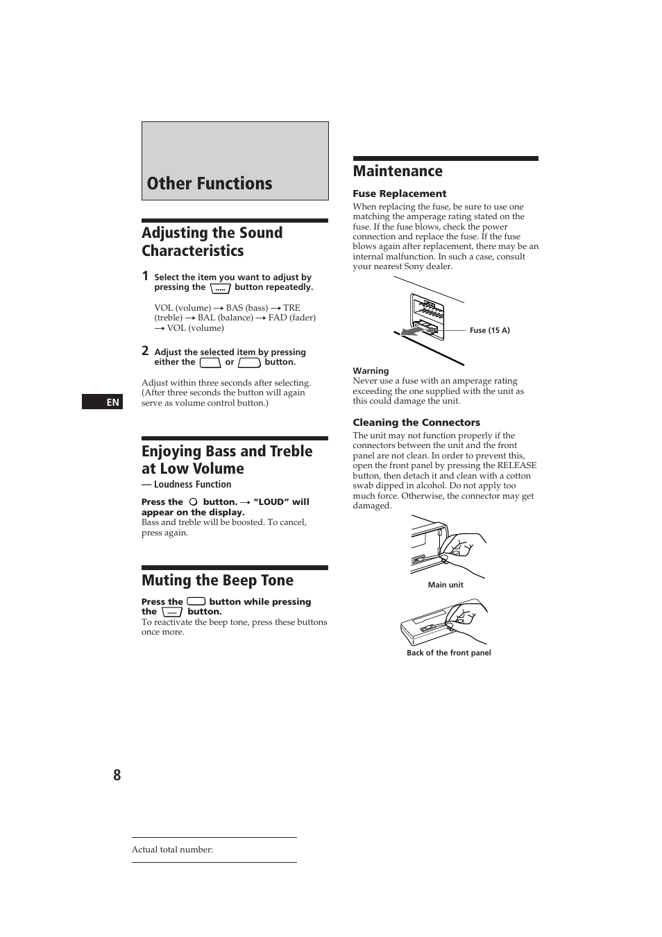Other functions, Adjusting the sound characteristics, Enjoying bass and treble at low volume | Muting the beep tone, Maintenance | Sony XR-3500MK2 User Manual | Page 8 / 12