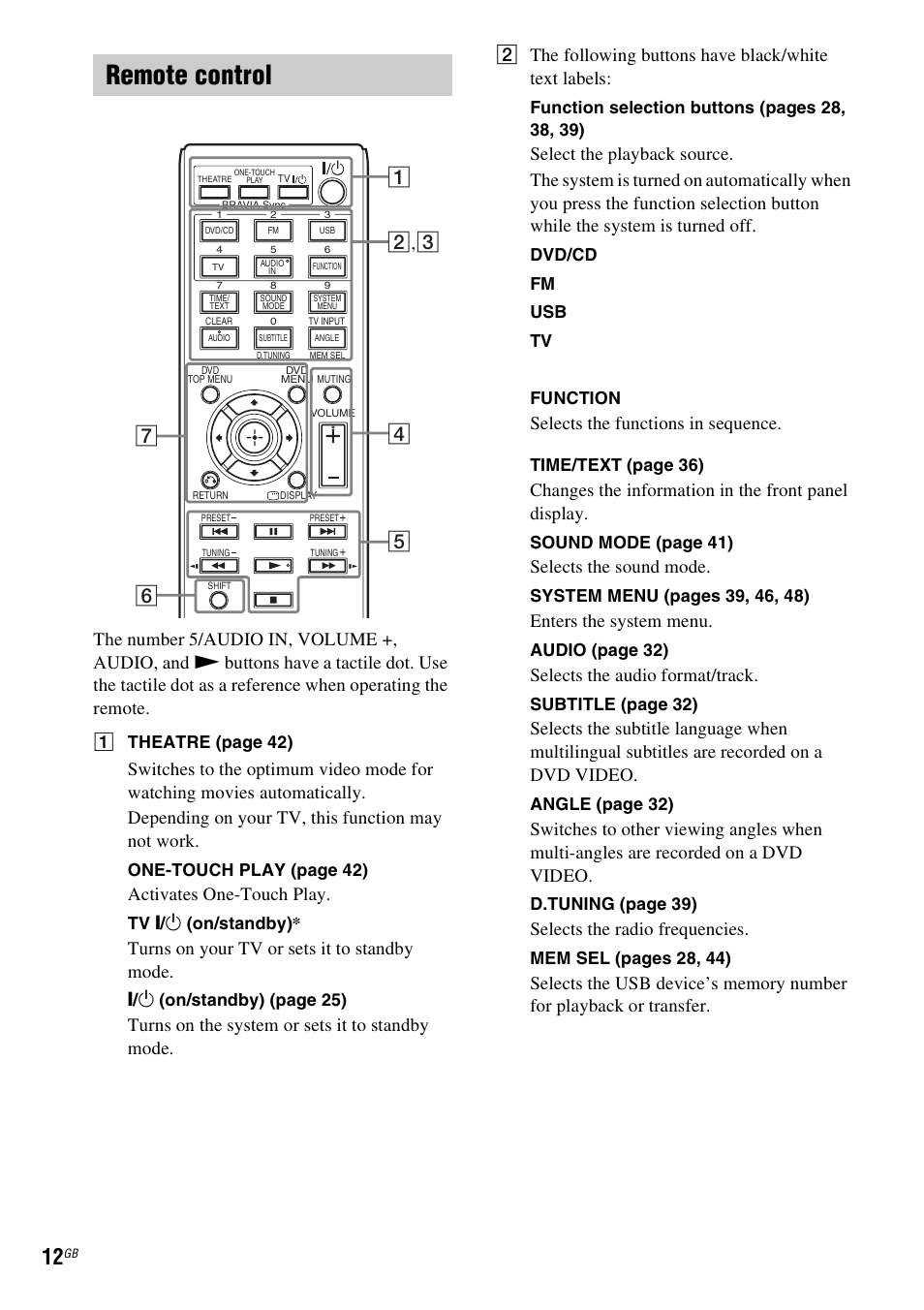 Remote control, Activates one-touch play, Turns on your tv or sets it to standby mode | Selects the functions in sequence, Changes the information in the front panel display, Selects the sound mode, Enters the system menu, Selects the audio format/track, Selects the radio frequencies | Sony DAV-DZ740 User Manual | Page 12 / 72