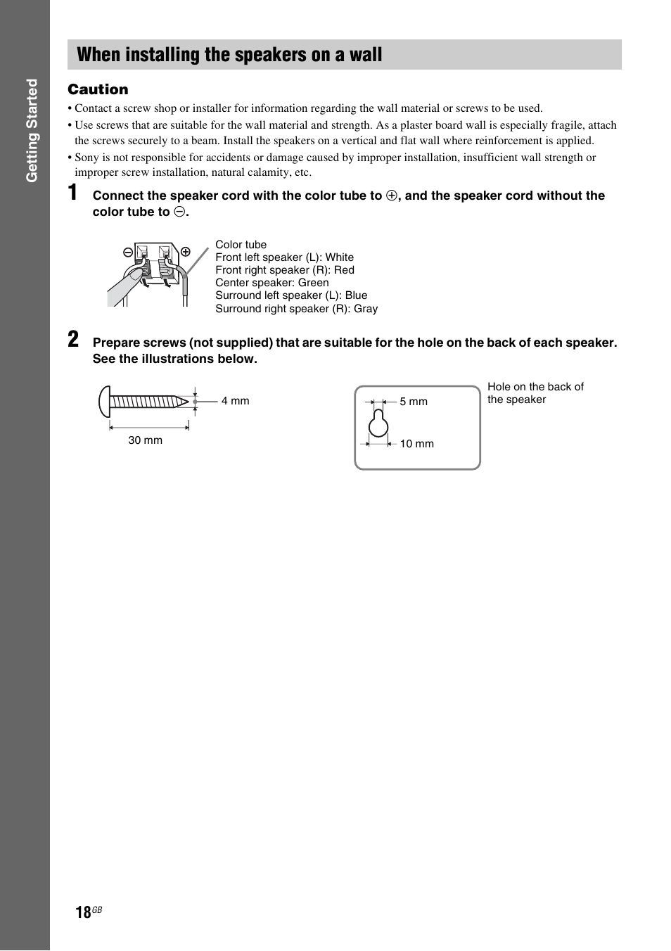 When installing the speakers on a wall | Sony DAV-DZ740 User Manual | Page 18 / 72