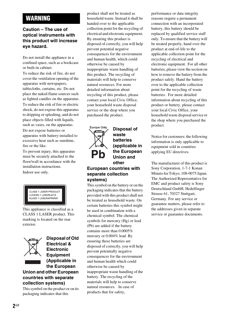 Warning | Sony DAV-DZ740 User Manual | Page 2 / 72