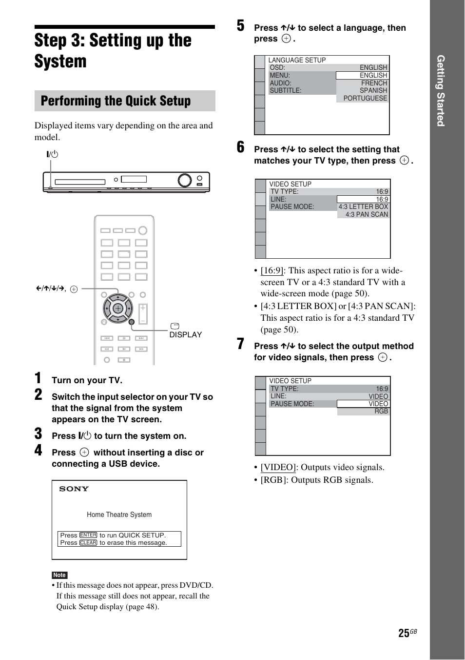 Step 3: setting up the system, Performing the quick setup | Sony DAV-DZ740 User Manual | Page 25 / 72