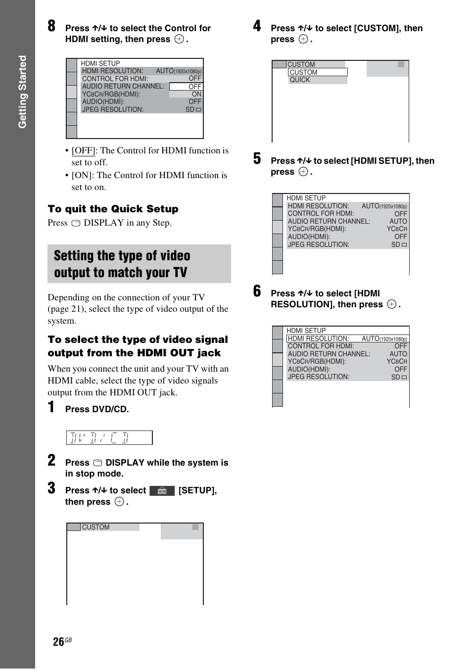 Setting the type of video output to match your tv, Gettin g star ted | Sony DAV-DZ740 User Manual | Page 26 / 72