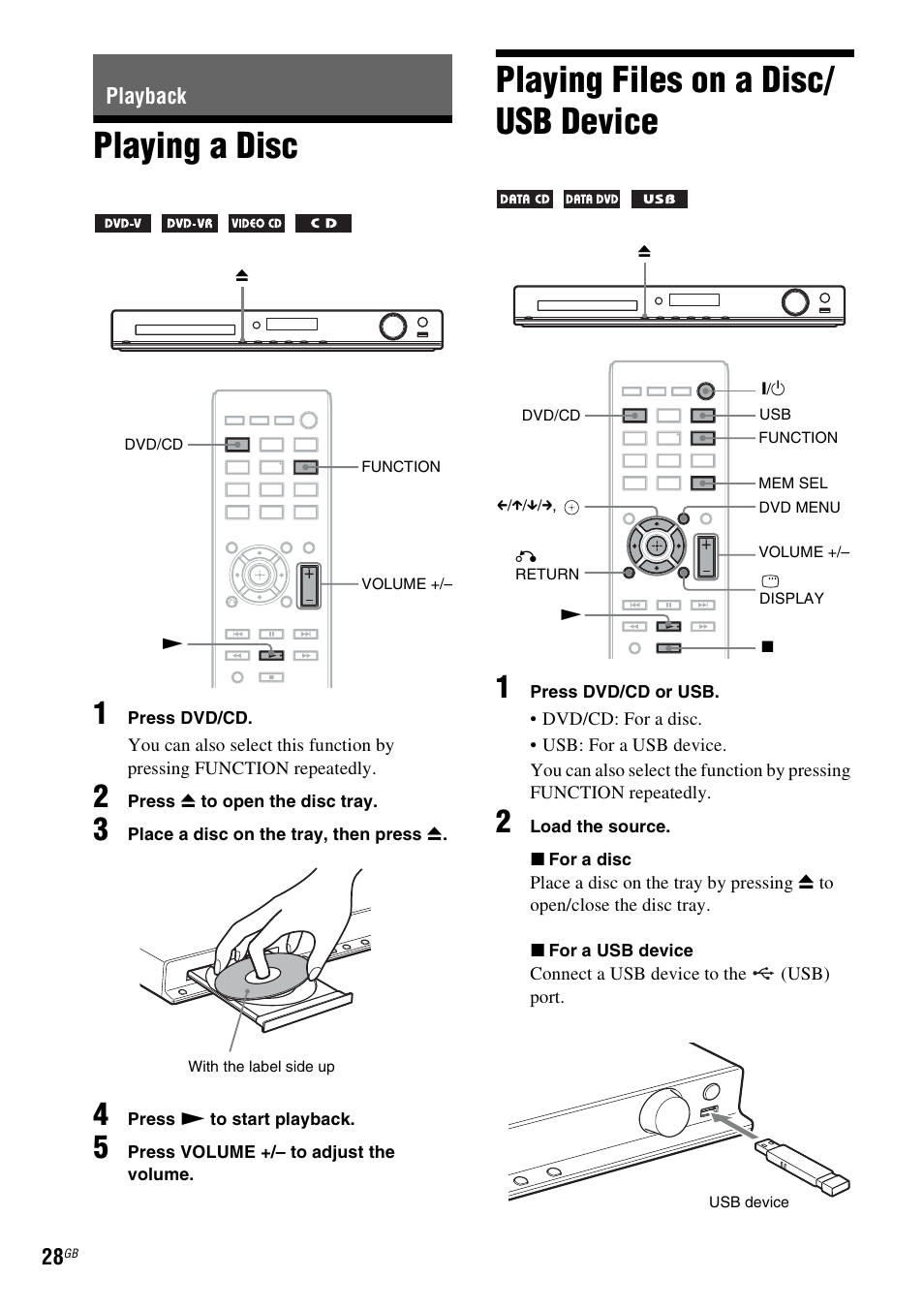 Playback, Playing a disc, Playing files on a disc/ usb device | Playing a disc playing files on a disc/usb device, Es 28, E 28) | Sony DAV-DZ740 User Manual | Page 28 / 72