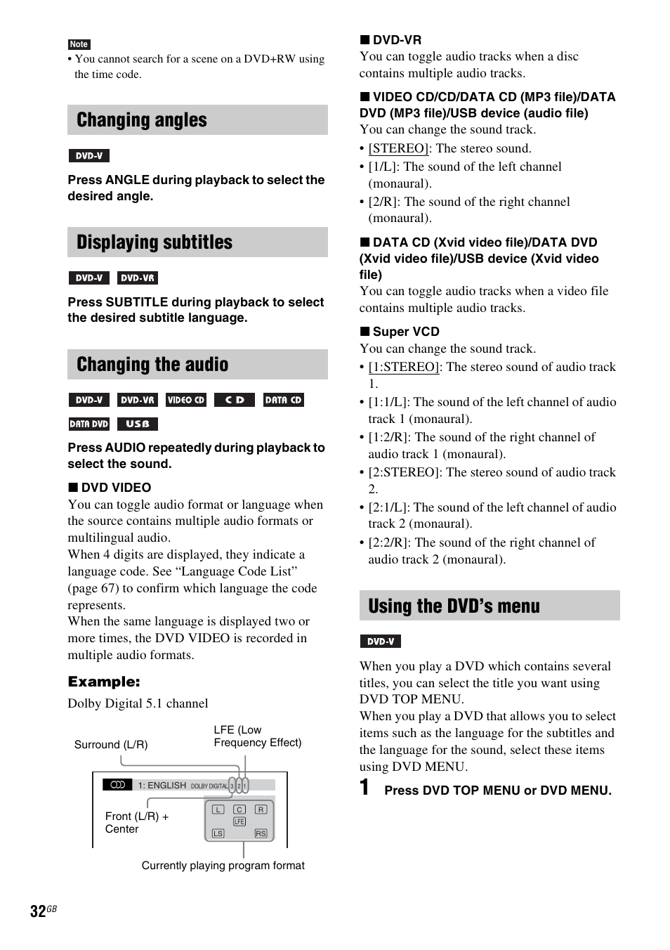 Changing angles, Displaying subtitles, Changing the audio | Using the dvd’s menu, Changing angles displaying subtitles | Sony DAV-DZ740 User Manual | Page 32 / 72