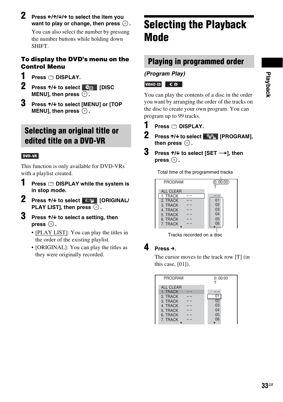 Selecting the playback mode, Playing in programmed order | Sony DAV-DZ740 User Manual | Page 33 / 72