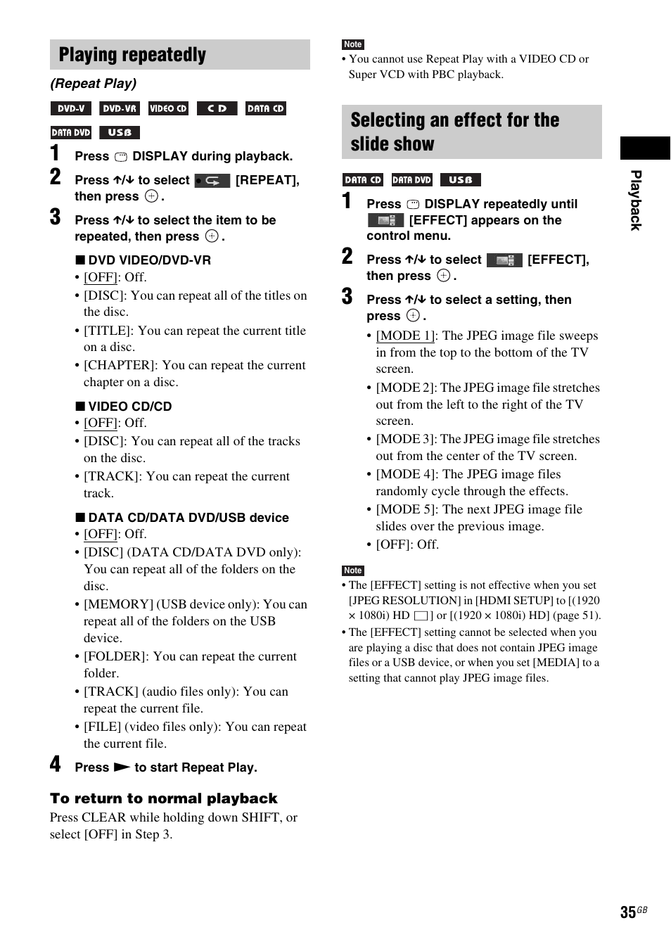 Playing repeatedly, Selecting an effect for the slide show | Sony DAV-DZ740 User Manual | Page 35 / 72