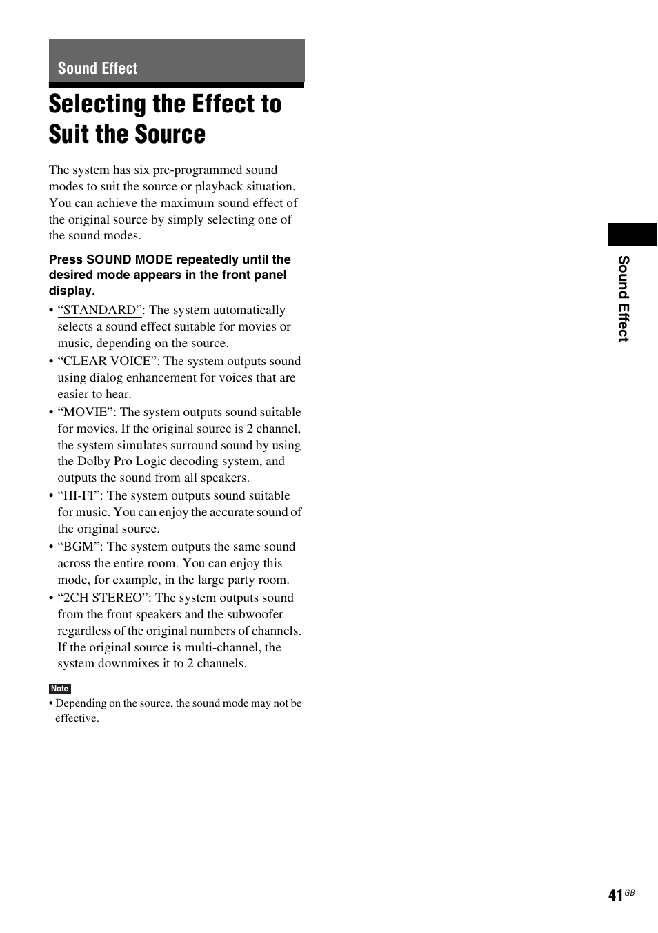 Sound effect, Selecting the effect to suit the source, Selecting the effect to suit | The source | Sony DAV-DZ740 User Manual | Page 41 / 72