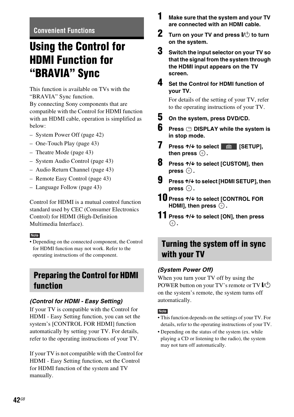 Convenient functions, Preparing the control for hdmi function, Turning the system off in sync with your tv | Using the control for hdmi function for, Bravia” sync | Sony DAV-DZ740 User Manual | Page 42 / 72