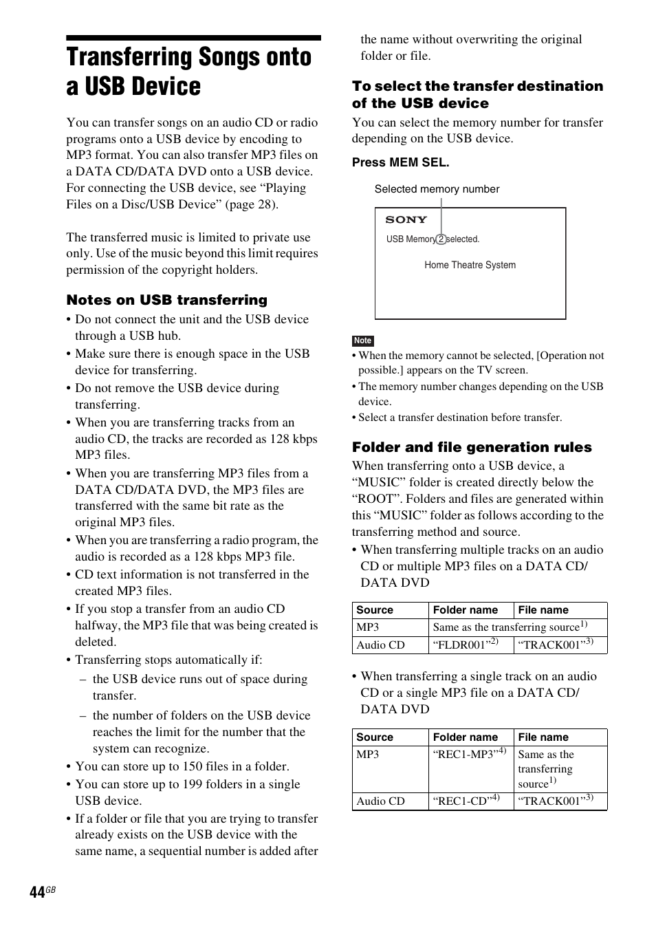 Transferring songs onto a usb device, Transferring songs onto a usb, Device | Sony DAV-DZ740 User Manual | Page 44 / 72