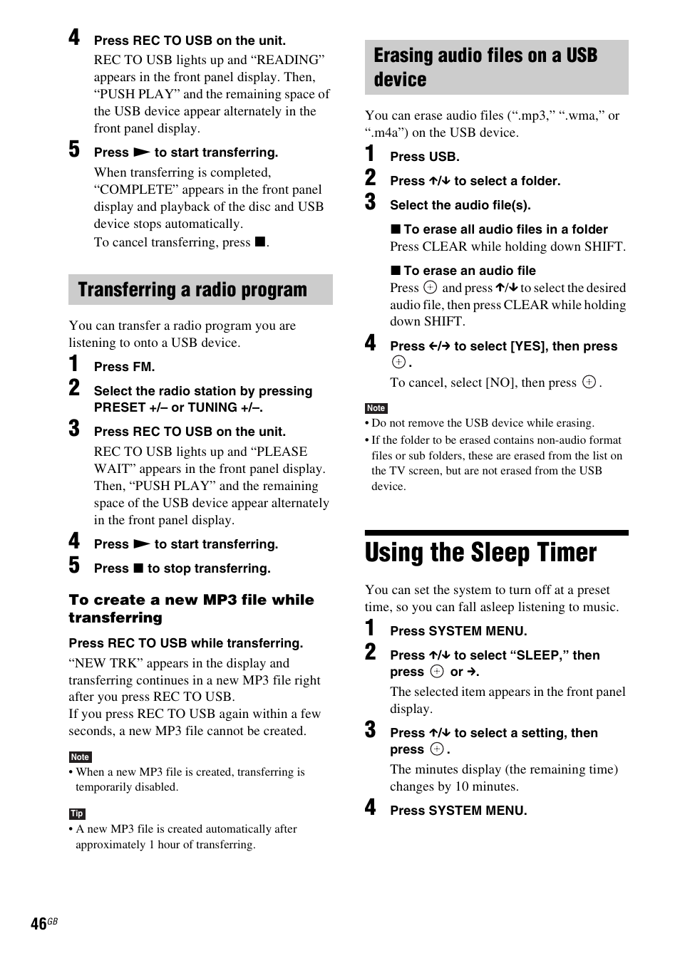 Transferring a radio program, Erasing audio files on a usb device, Using the sleep timer | Sony DAV-DZ740 User Manual | Page 46 / 72