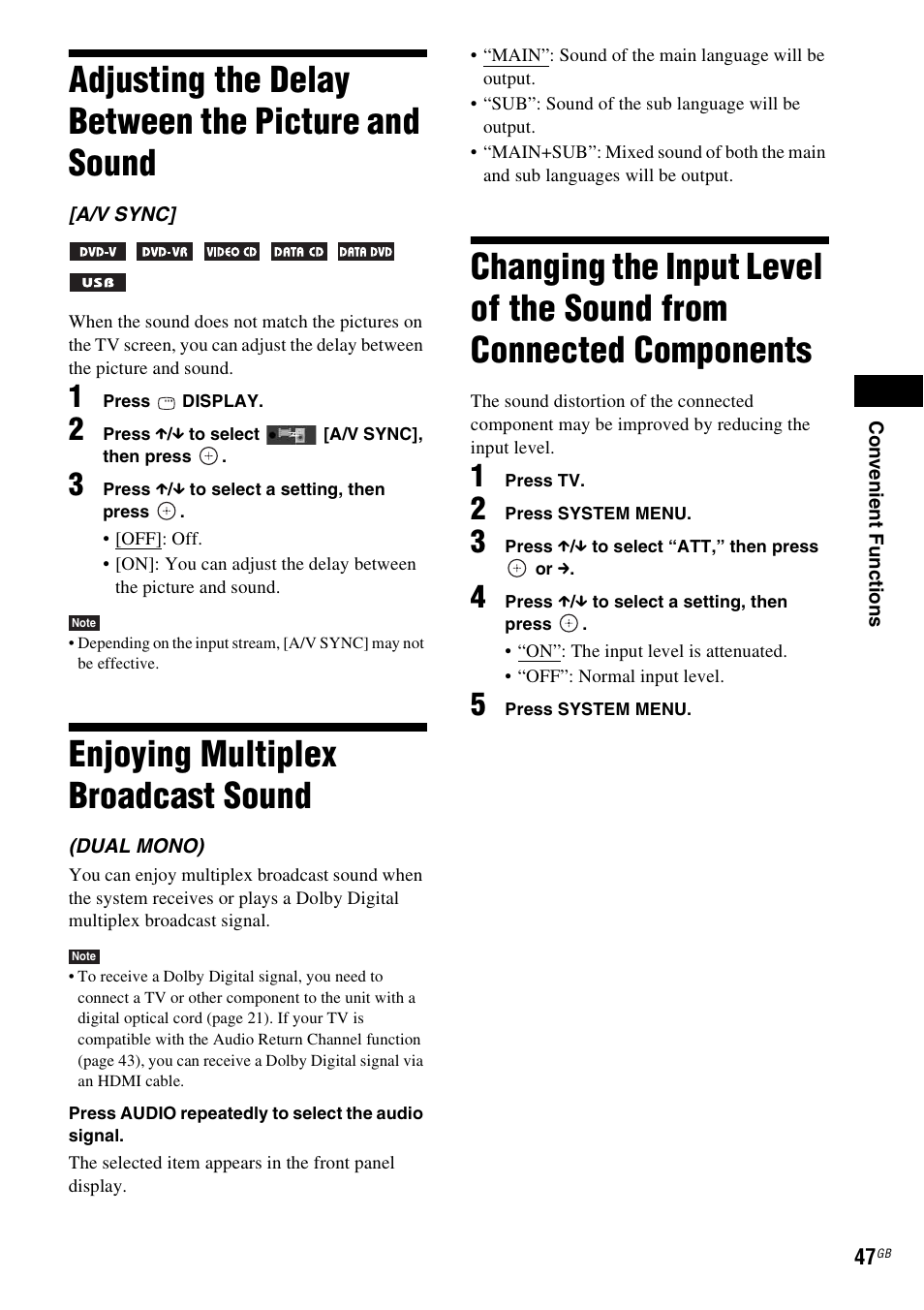 Adjusting the delay between the picture and sound, Enjoying multiplex broadcast sound, Adjusting the delay between the picture | And sound, Enjoying multiplex broadcast, Sound, Changing the input level of the sound, From connected components | Sony DAV-DZ740 User Manual | Page 47 / 72