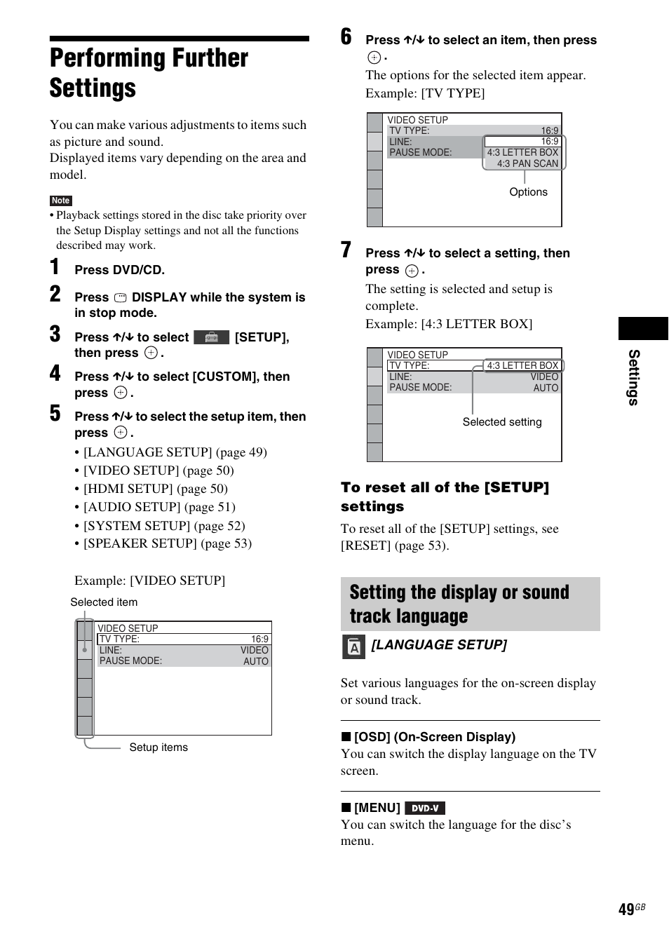 Performing further settings, Setting the display or sound track language | Sony DAV-DZ740 User Manual | Page 49 / 72