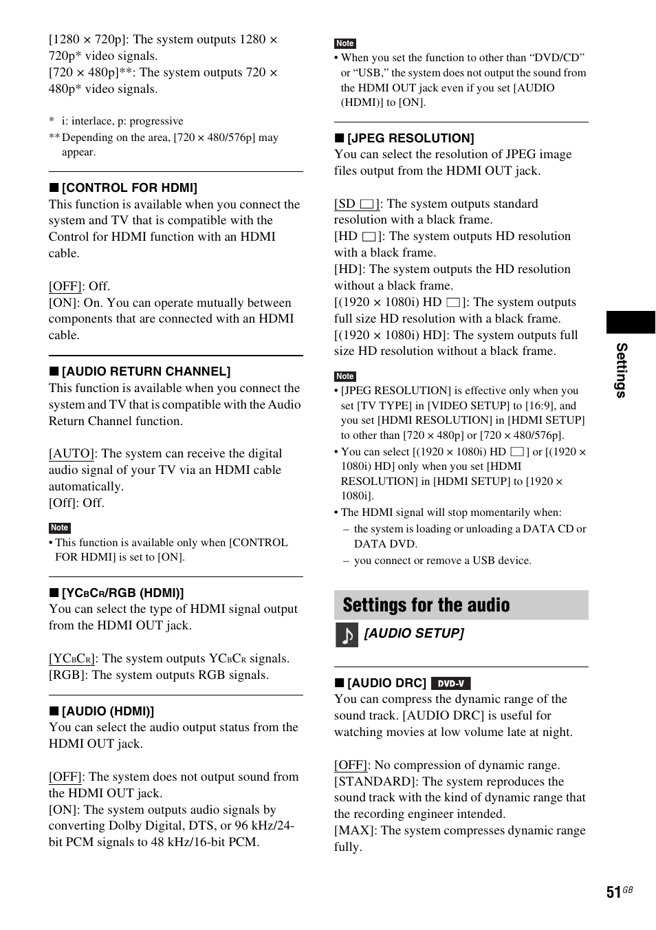 Settings for the audio | Sony DAV-DZ740 User Manual | Page 51 / 72