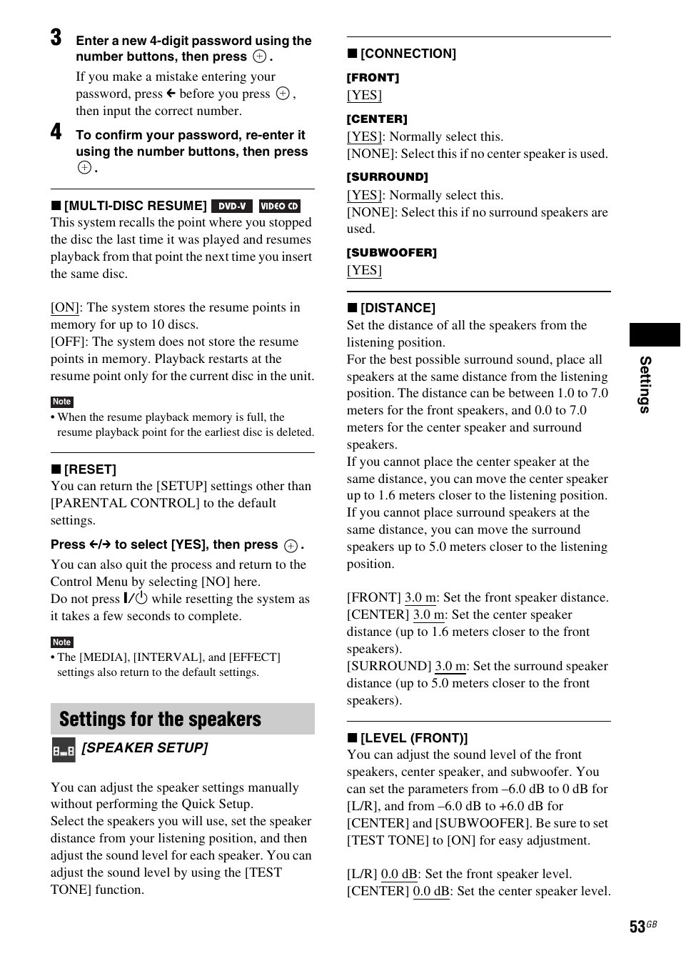 Settings for the speakers | Sony DAV-DZ740 User Manual | Page 53 / 72