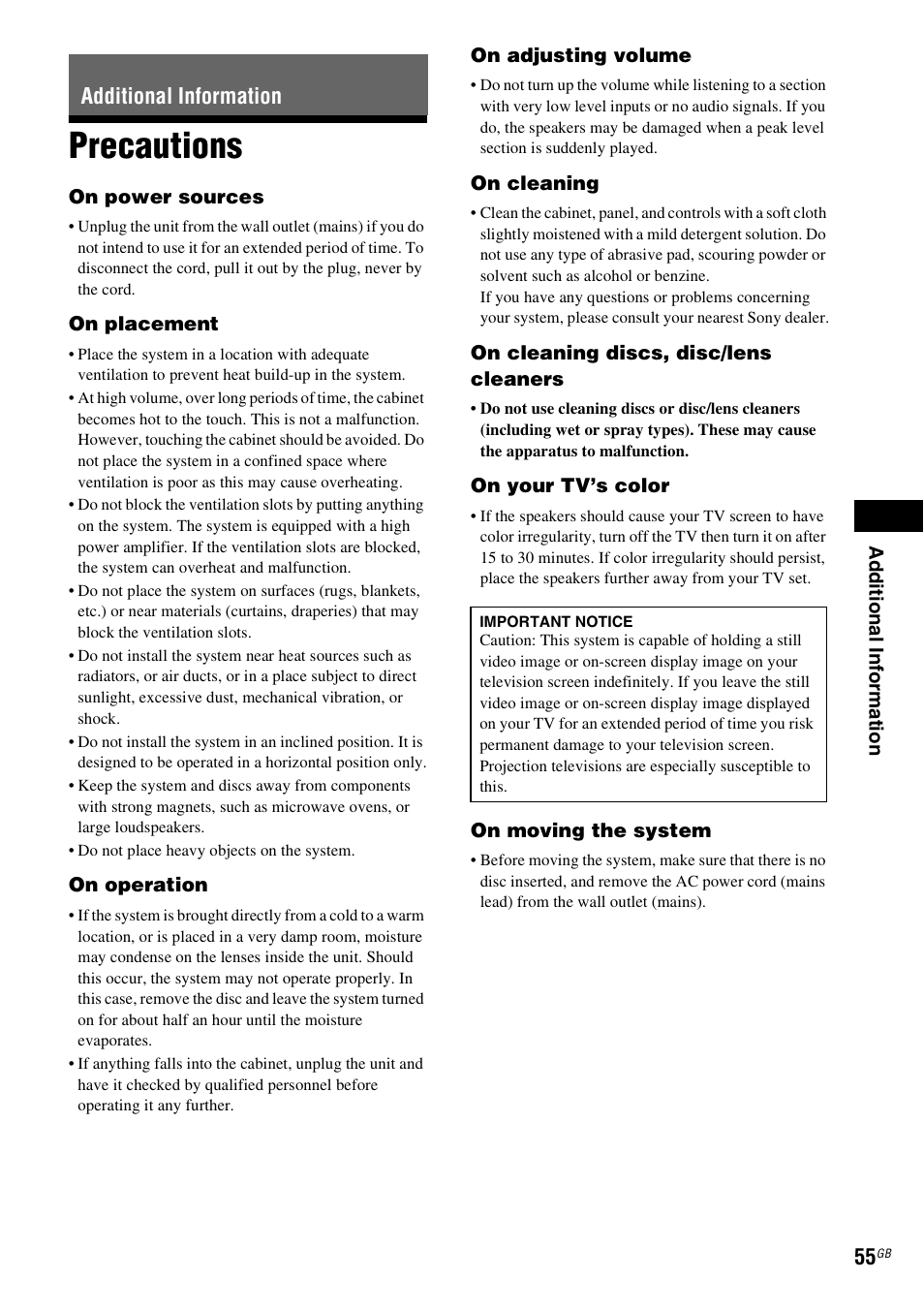 Additional information, Precautions | Sony DAV-DZ740 User Manual | Page 55 / 72