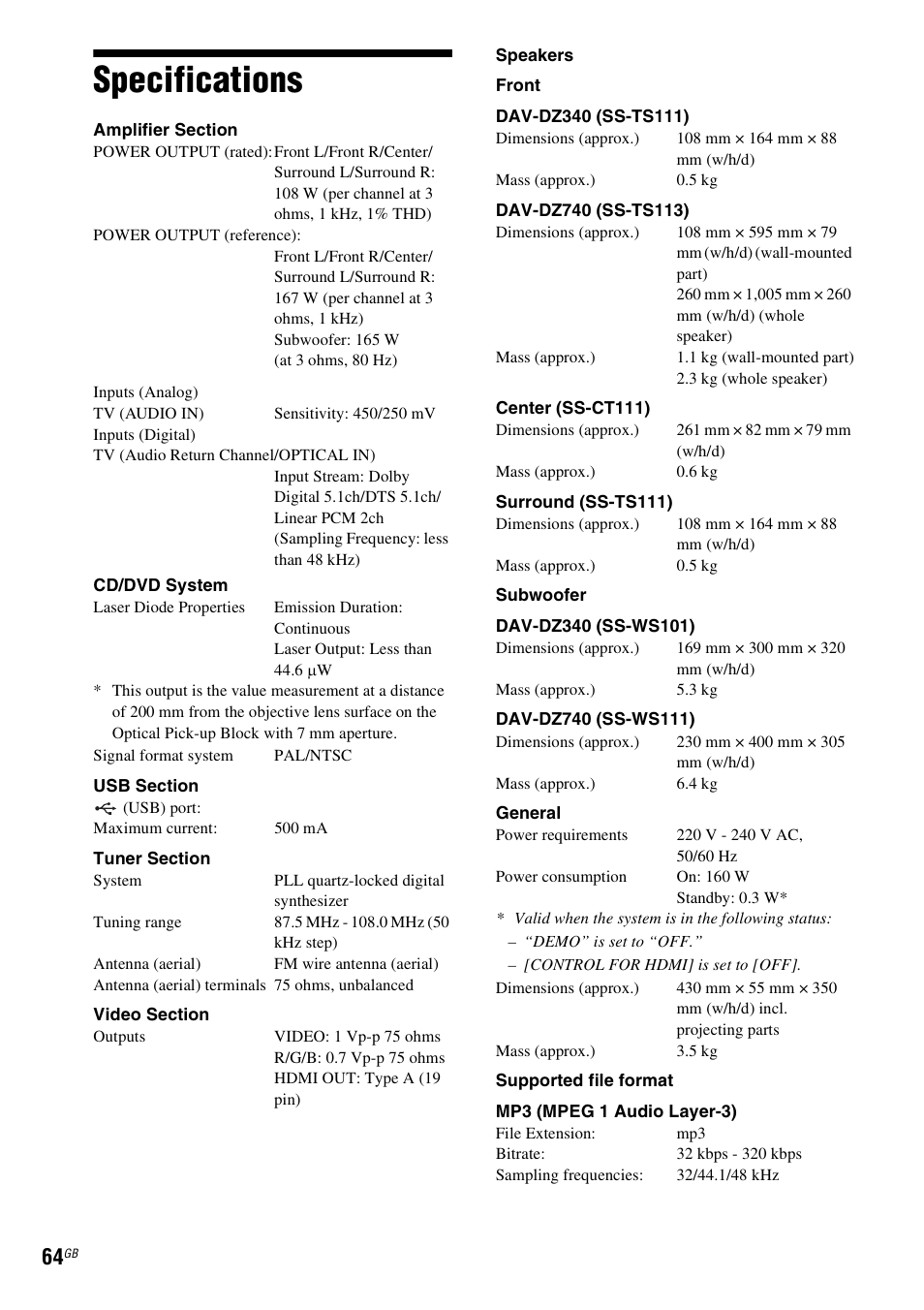 Specifications | Sony DAV-DZ740 User Manual | Page 64 / 72