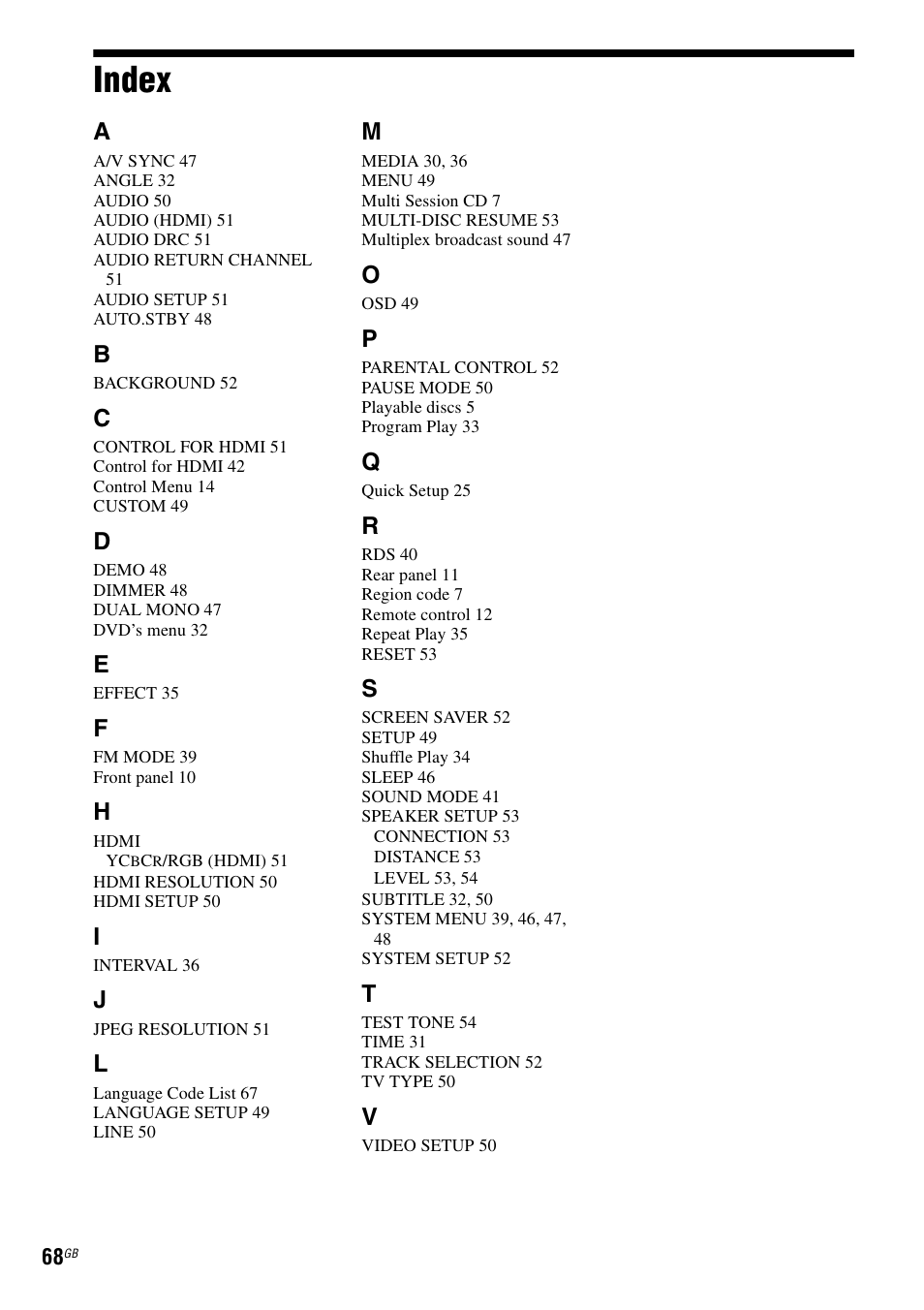 Index | Sony DAV-DZ740 User Manual | Page 68 / 72