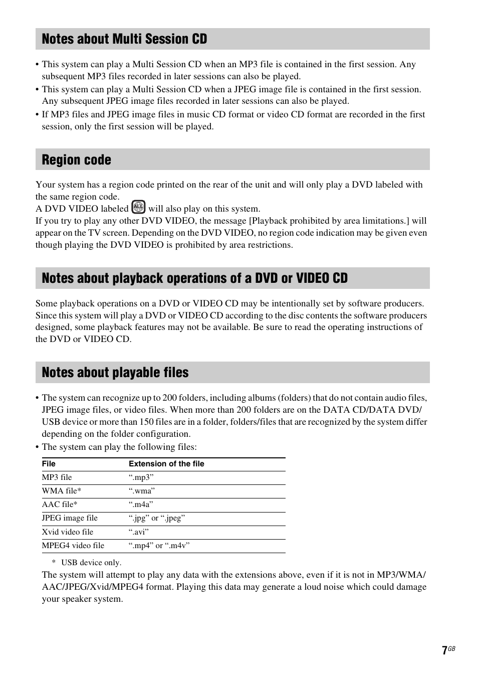 Notes about multi session cd, Region code, Notes about playable files | Sony DAV-DZ740 User Manual | Page 7 / 72