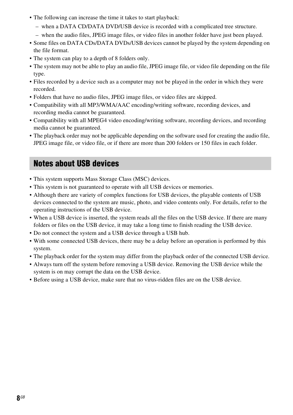 Notes about usb devices | Sony DAV-DZ740 User Manual | Page 8 / 72