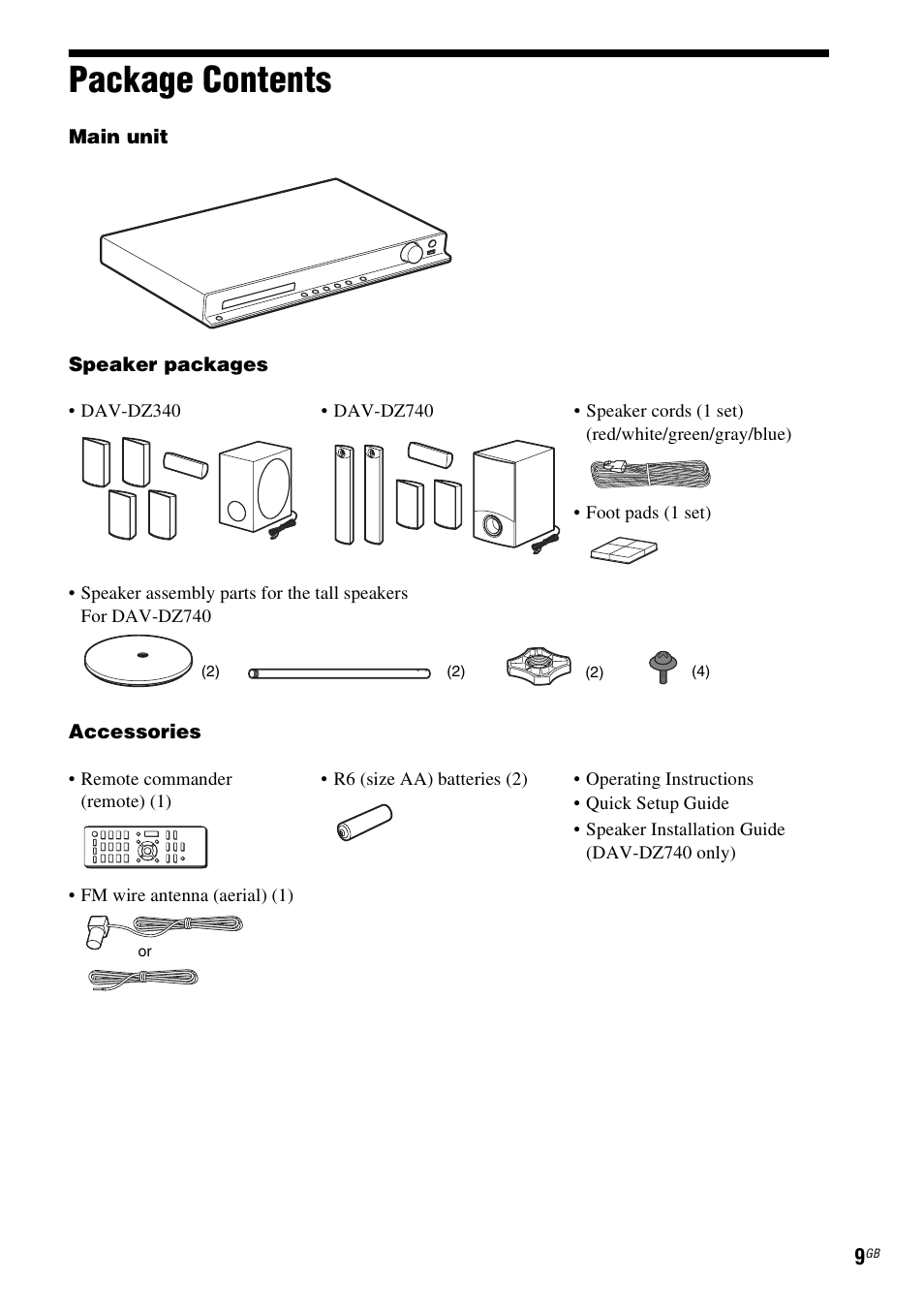 Package contents | Sony DAV-DZ740 User Manual | Page 9 / 72