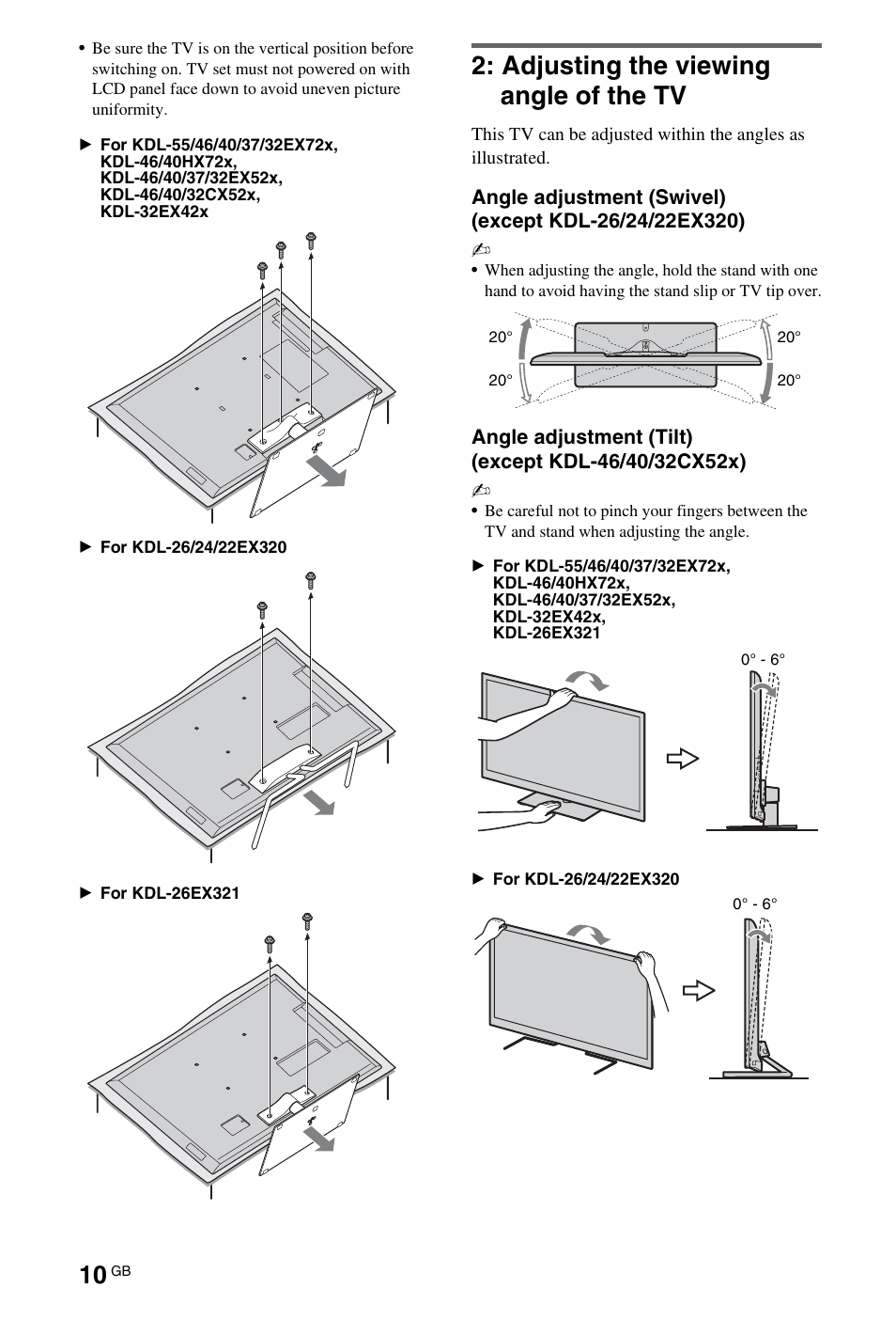 Adjusting the viewing angle of the tv | Sony 32EX72X User Manual | Page 10 / 36