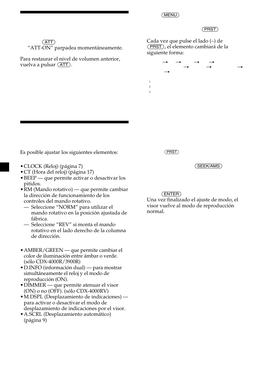20 atenuación del sonido, Cambio de los ajustes de sonido y visualización | Sony CDX-4000R User Manual | Page 44 / 100