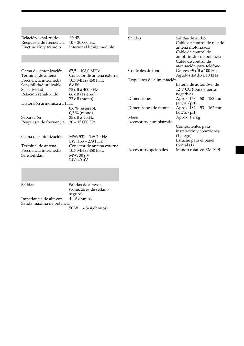 23 especificaciones, Sección del reproductor de cd, Sección del sintonizador | Sección del amplificador de potencia, General | Sony CDX-4000R User Manual | Page 47 / 100