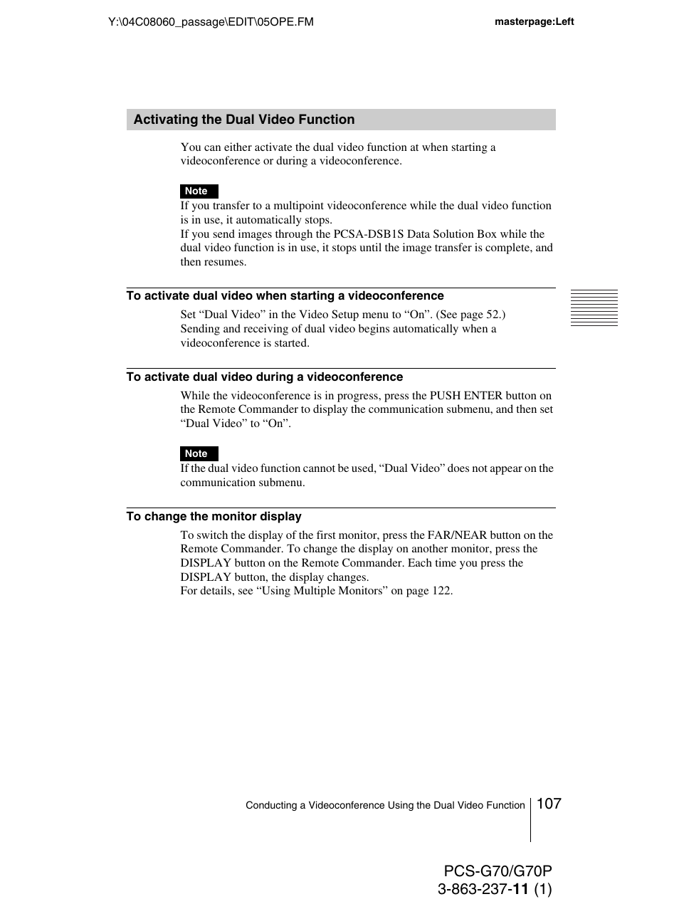 Activating the dual video function, Activating the dual video, Function | Sony PCS-G70P User Manual | Page 107 / 236