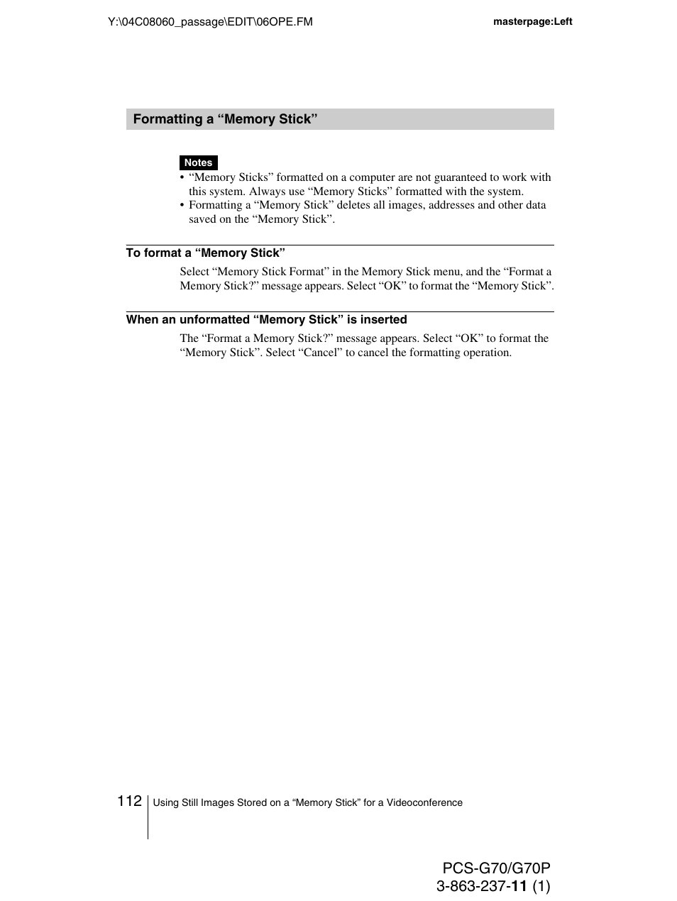 Formatting a “memory stick, Formatting a “memory, Stick | Sony PCS-G70P User Manual | Page 112 / 236