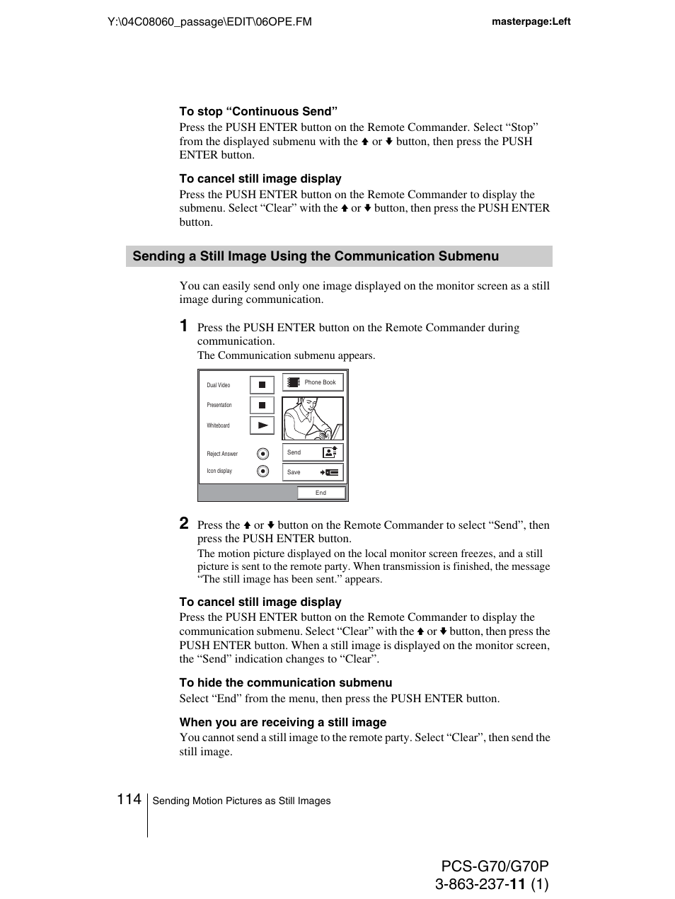 Sending a still image using the, Communication submenu | Sony PCS-G70P User Manual | Page 114 / 236