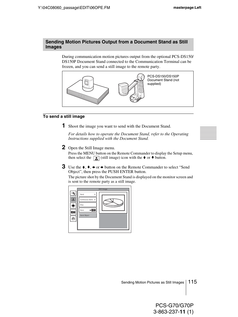 Sending motion pictures output, From a document stand as still images | Sony PCS-G70P User Manual | Page 115 / 236