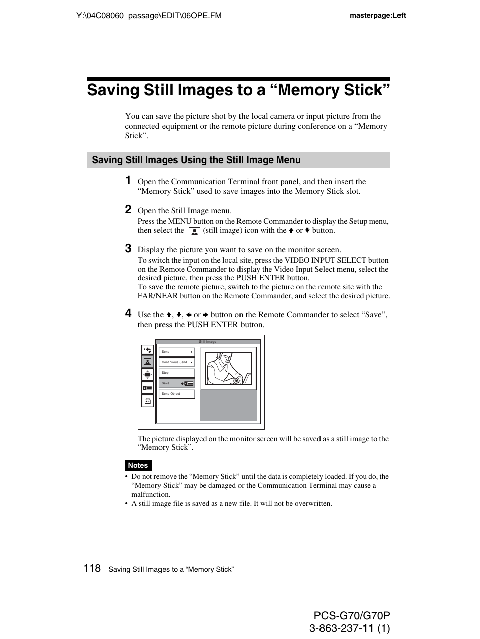 Saving still images to a “memory stick, Saving still images using the still image menu, Saving still images using the still | Image menu | Sony PCS-G70P User Manual | Page 118 / 236