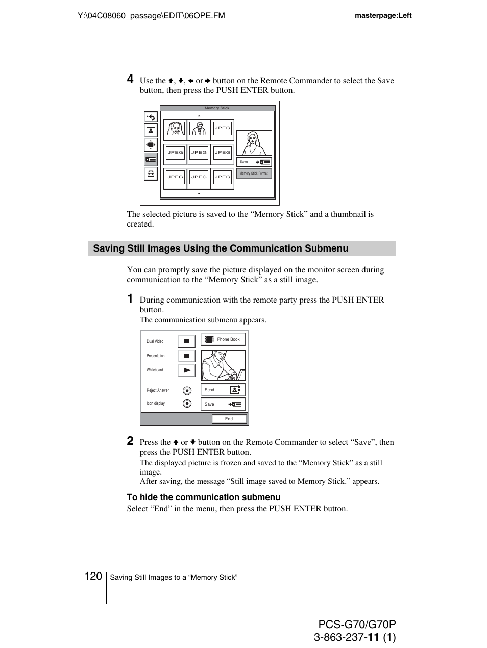 Saving still images using the, Communication submenu, To 120 | Sony PCS-G70P User Manual | Page 120 / 236