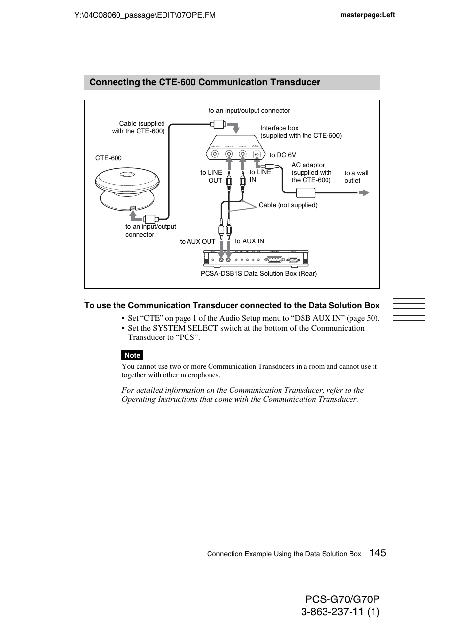 Connecting the cte-600 communication transducer, Connecting the cte-600, Communication transducer | Sony PCS-G70P User Manual | Page 145 / 236