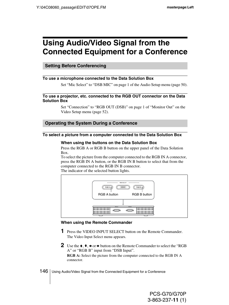 Setting before conferencing, Operating the system during a conference, Conference | Sony PCS-G70P User Manual | Page 146 / 236
