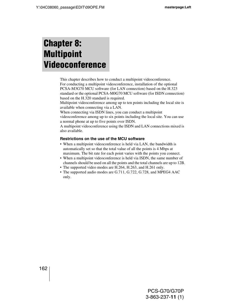Chapter 8: multipoint videoconference, Chapter 8 | Sony PCS-G70P User Manual | Page 162 / 236