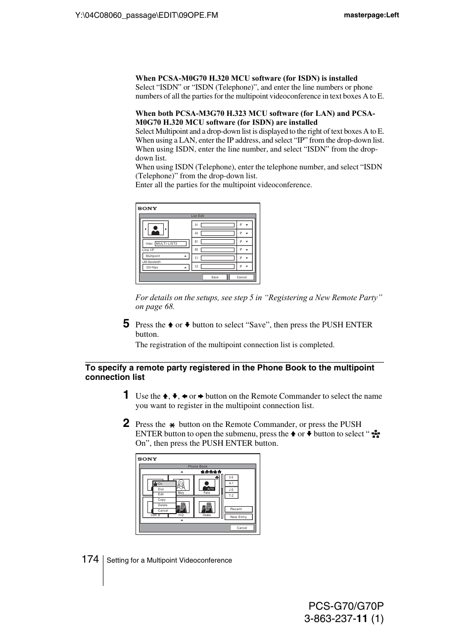 Setting for a multipoint videoconference, Masterpage:left | Sony PCS-G70P User Manual | Page 174 / 236