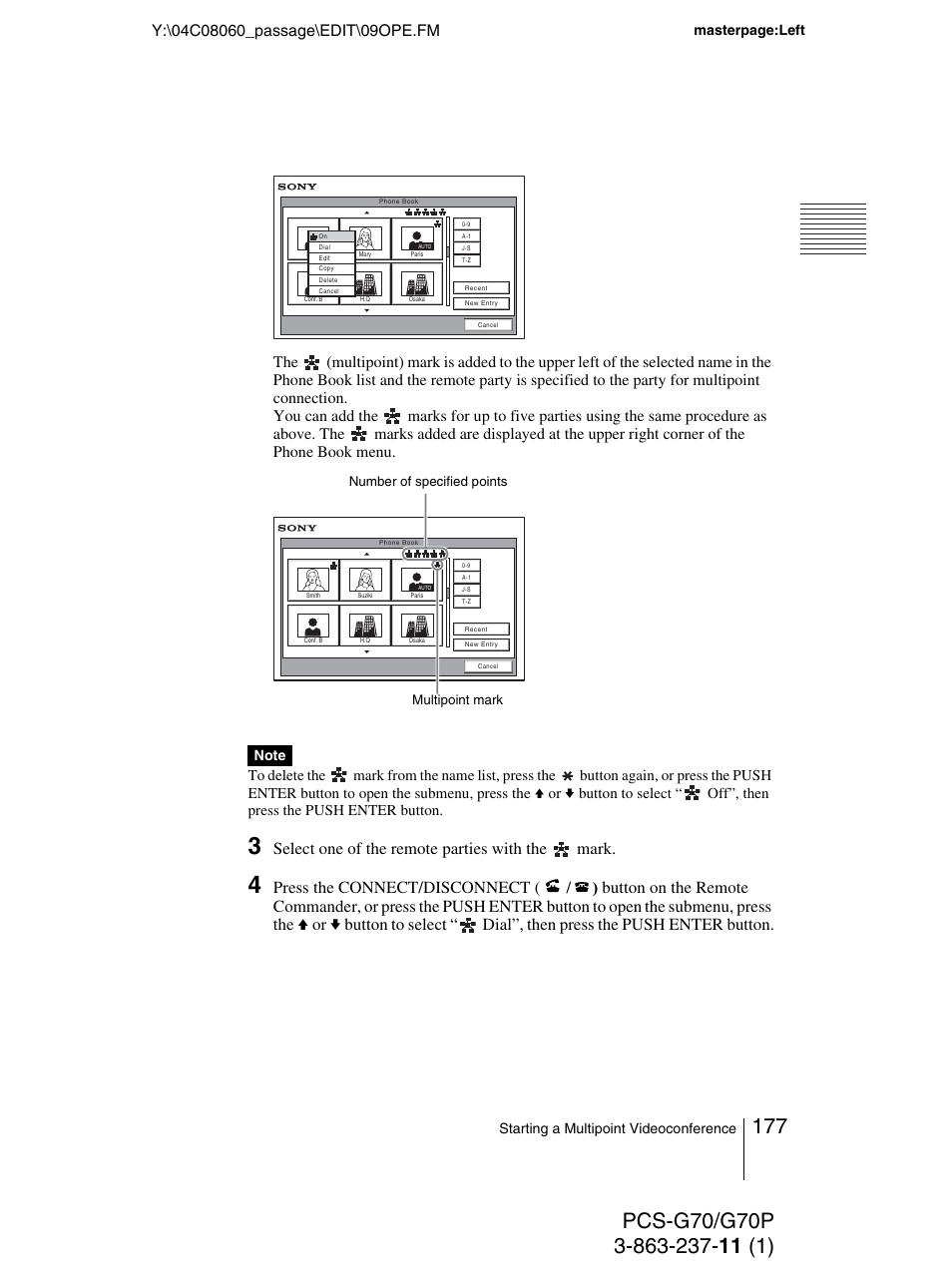Select one of the remote parties with the mark | Sony PCS-G70P User Manual | Page 177 / 236