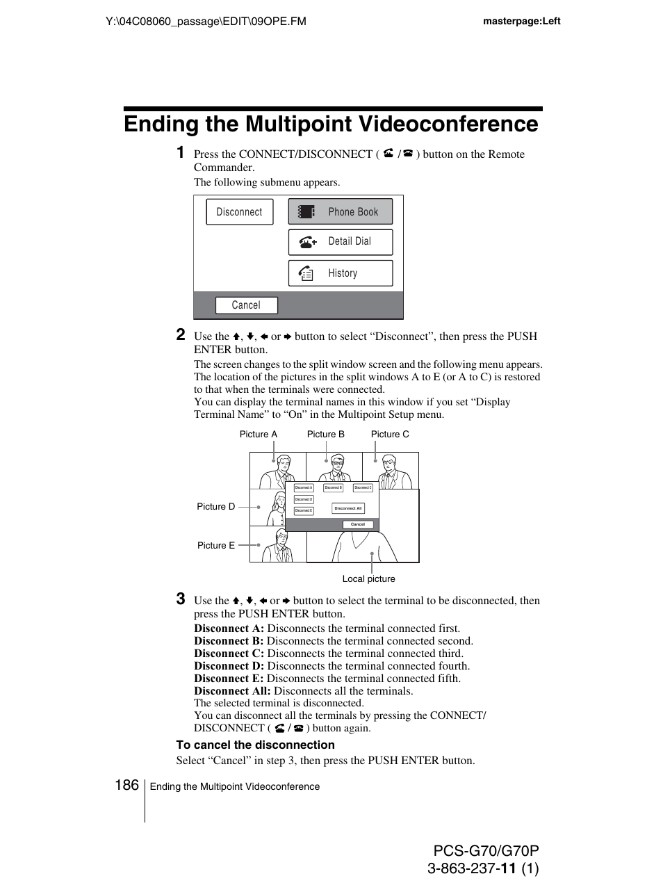 Ending the multipoint videoconference | Sony PCS-G70P User Manual | Page 186 / 236