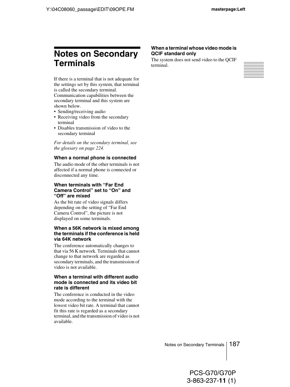 Notes on secondary terminals | Sony PCS-G70P User Manual | Page 187 / 236
