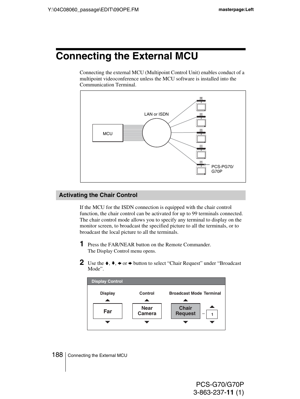 Connecting the external mcu, Activating the chair control | Sony PCS-G70P User Manual | Page 188 / 236