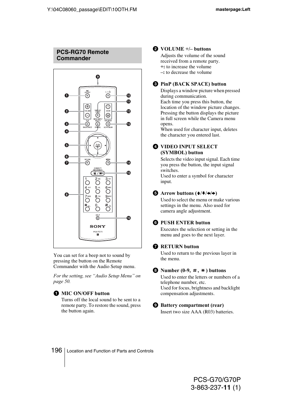 Pcs-rg70 remote commander, Pcs-rg70 remote, Commander | Sony PCS-G70P User Manual | Page 196 / 236