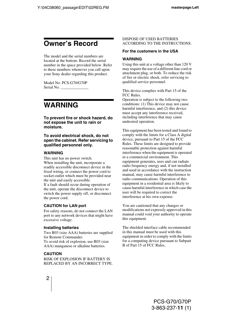 Owner’s record, Warning | Sony PCS-G70P User Manual | Page 2 / 236