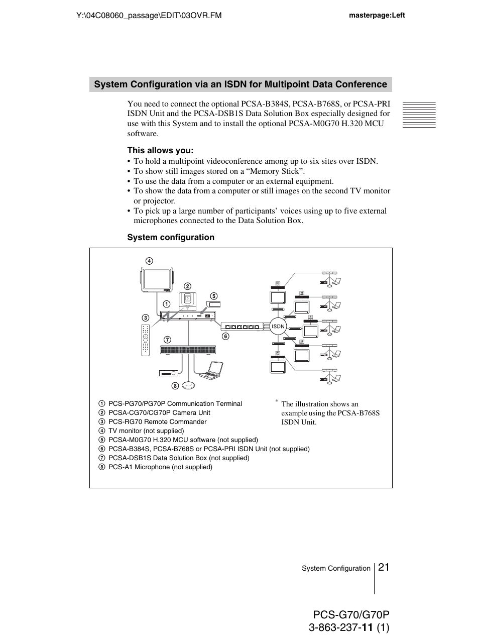 System configuration via an isdn, For multipoint data conference | Sony PCS-G70P User Manual | Page 21 / 236