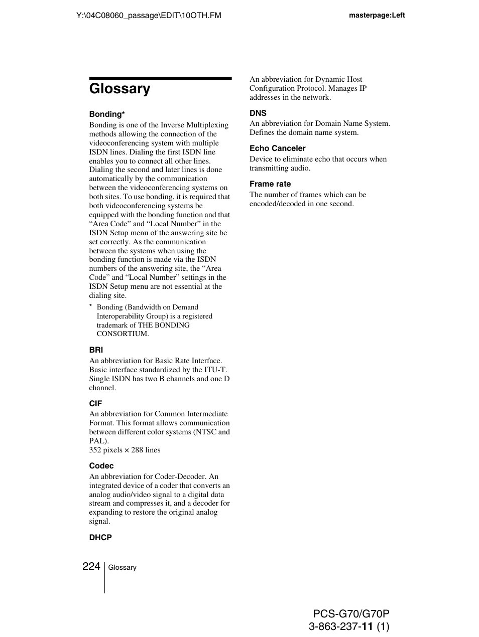 Glossary | Sony PCS-G70P User Manual | Page 224 / 236