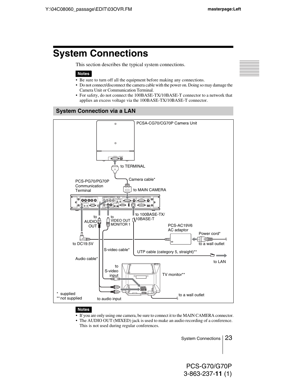 System connections, System connection via a lan, System connection via a | Masterpage:left | Sony PCS-G70P User Manual | Page 23 / 236