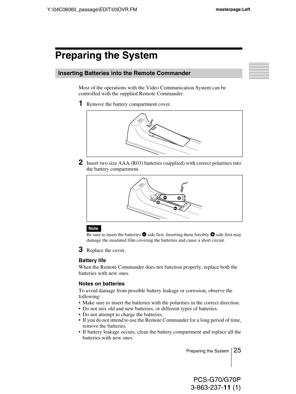 Preparing the system, Inserting batteries into the remote commander, Inserting batteries into the remote | Commander | Sony PCS-G70P User Manual | Page 25 / 236